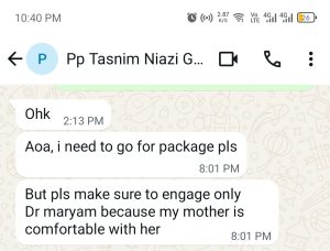 Real patient named tasnim Niazi feedback about our affordable physiotherapist in lahore - Dr Maryam Hameed PT